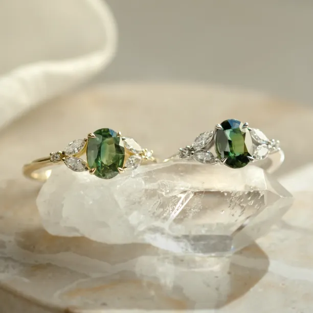 Vintage engagement ring with green sapphire and diamonds CADET Image