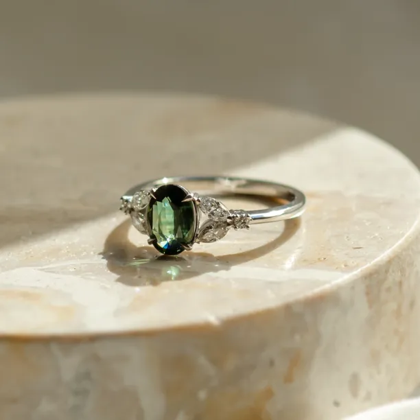 Vintage engagement ring with green sapphire and diamonds CADET Image
