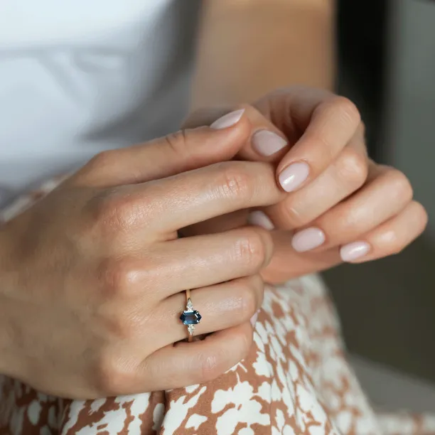 Engagement ring with hexagon teal sapphire and moissanites SLATE Image