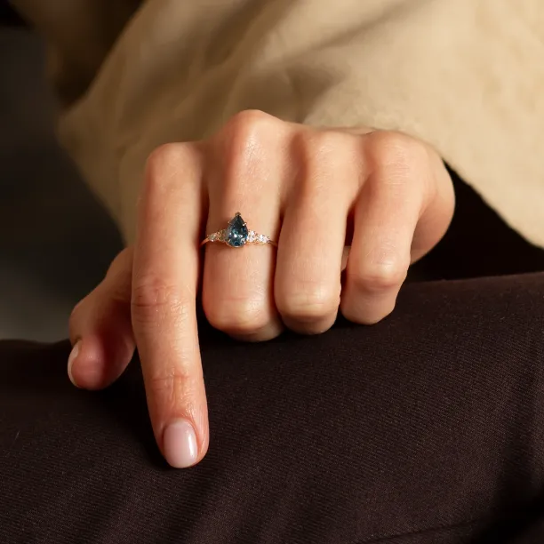 Gold ring with pear blue lab grown diamond and side diamonds AZURE Image
