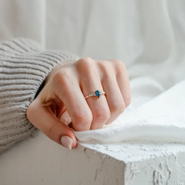 Gold ring with pear blue lab grown diamond and side diamonds AZURE Image