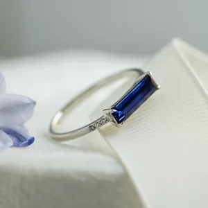 Gold ring with baguette blue lab grown sapphire and diamonds ODETA Thumbnail