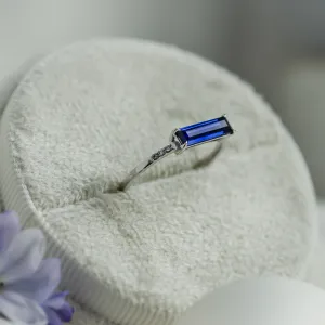 Gold ring with baguette blue lab grown sapphire and diamonds ODETA Thumbnail