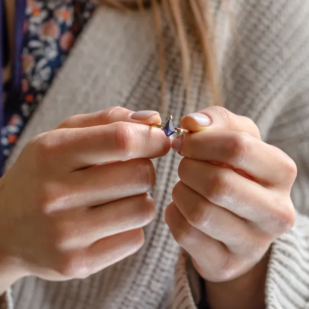 Gold ring with kite blue lab grown sapphire KODA Image
