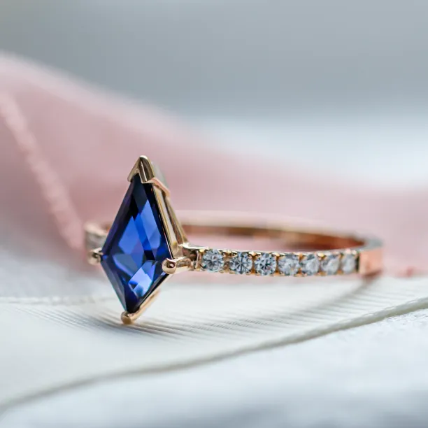 Gold ring with blue lab grown sapphire and moissanites ZEPHYR Image