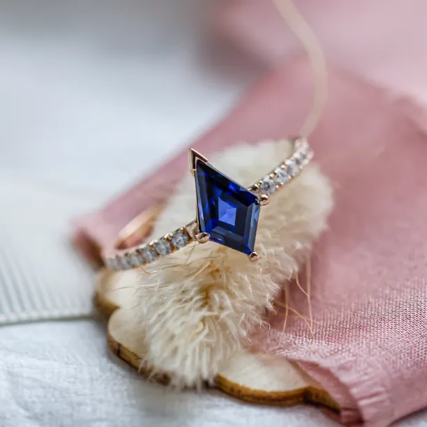 Gold ring with blue lab grown sapphire and moissanites ZEPHYR Image