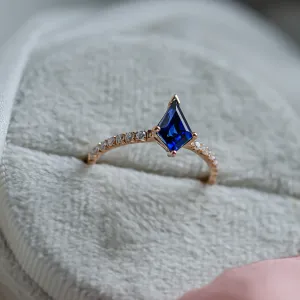 Gold ring with blue lab grown sapphire and moissanites ZEPHYR Thumbnail
