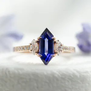Ring with blue lab grown sapphire and moissanites ELLIS
