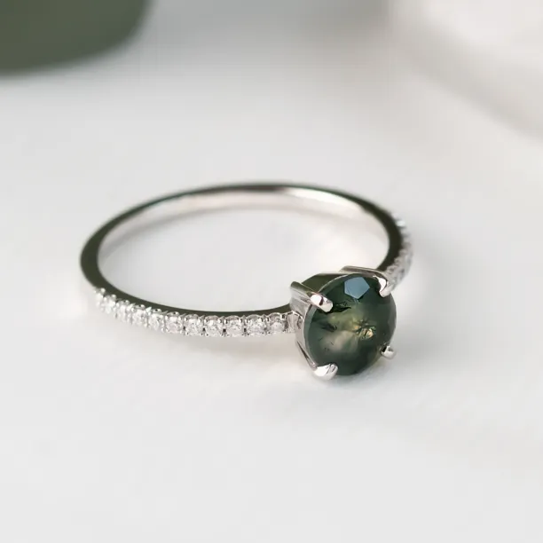 Gold engagement ring with moss agate and moissanites ARWEN Image