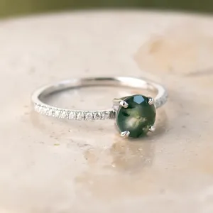 Gold engagement ring with moss agate and moissanites ARWEN Thumbnail