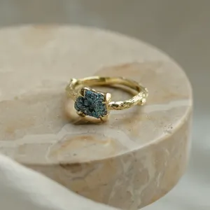 Gold ring with blue raw diamond and unusual rim SKY Thumbnail