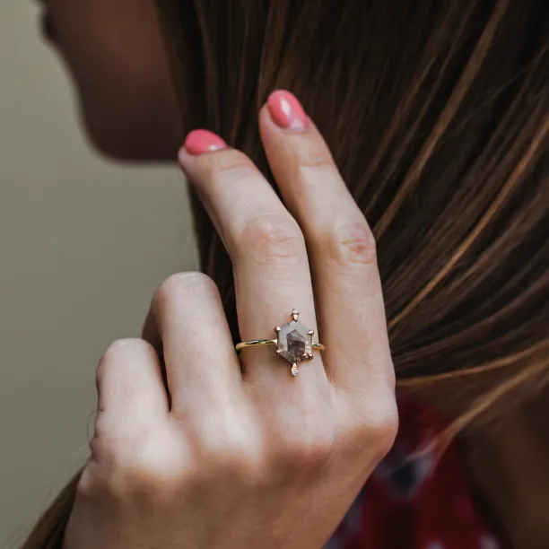 Gold ring with hexagon salt'n'pepper diamond ACHILLE Image