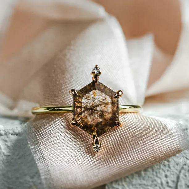 Gold ring with hexagon salt'n'pepper diamond ACHILLE Image