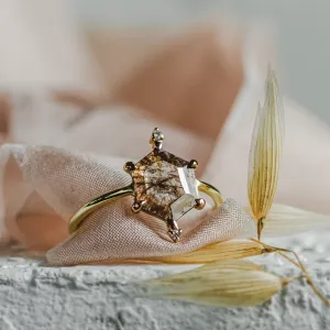 Gold ring with hexagon salt'n'pepper diamond ACHILLE Thumbnail