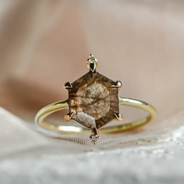 Gold ring with hexagon salt'n'pepper diamond ACHILLE Image