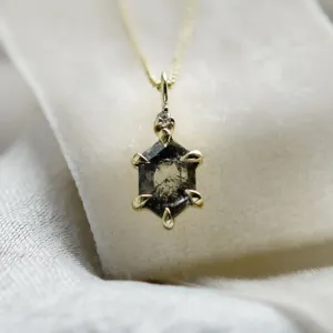 Gold necklace with hexagon salt'n'pepper diamond VANESSA Thumbnail