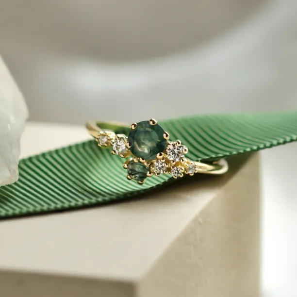 Cluster ring with moss agate and diamonds FANTASY Image