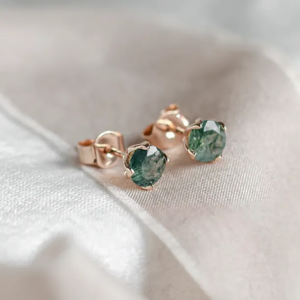 Round gold stud earrings with moss agate RENE Image
