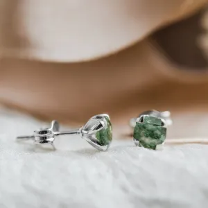 Round gold stud earrings with moss agate RENE Thumbnail