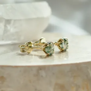 Round gold stud earrings with moss agate RENE Thumbnail