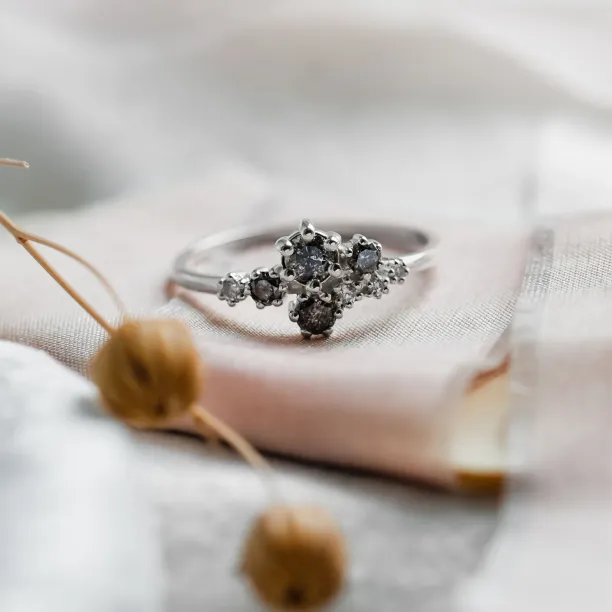 Unusual cluster ring with salt'n'pepper diamonds GEMBA Image