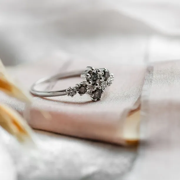 Unusual cluster ring with salt'n'pepper diamonds GEMBA Image