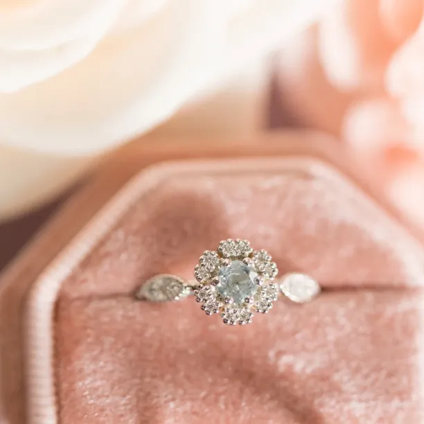 Halo engagement ring with aquamarine and diamonds CALI Image