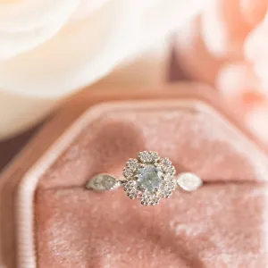 Halo engagement ring with aquamarine and diamonds CALI Thumbnail