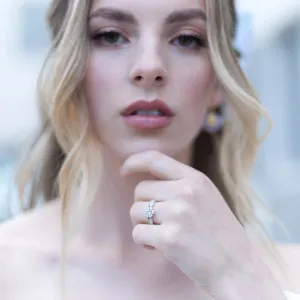 Halo engagement ring with aquamarine and diamonds CALI Thumbnail