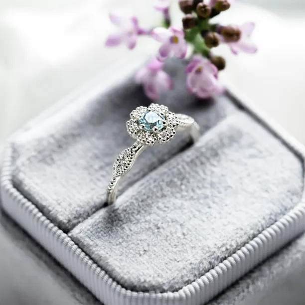 Halo engagement ring with aquamarine and diamonds CALI Image