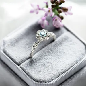 Halo engagement ring with aquamarine and diamonds CALI Thumbnail