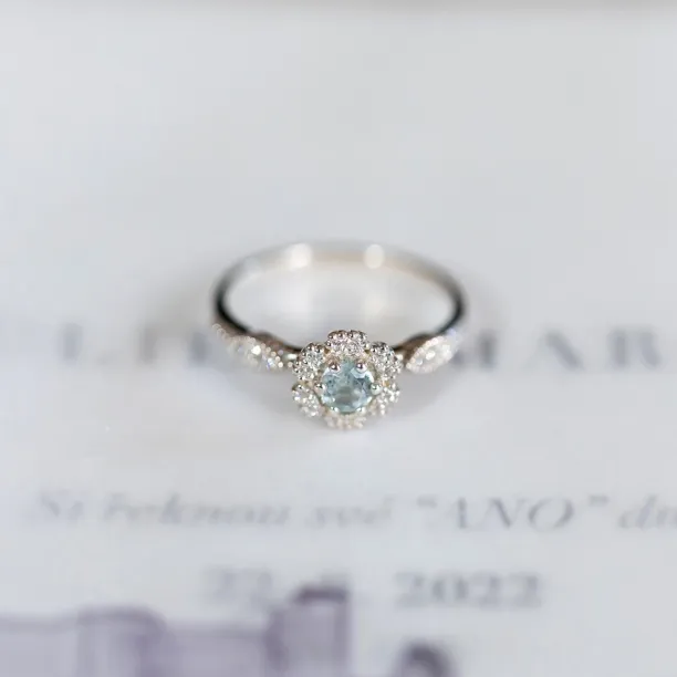 Halo engagement ring with aquamarine and diamonds CALI Image