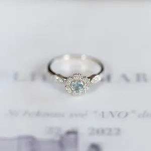 Halo engagement ring with aquamarine and diamonds CALI Thumbnail