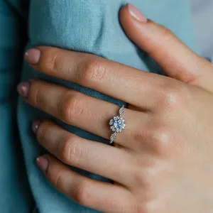Halo engagement ring with aquamarine and diamonds CALI Thumbnail