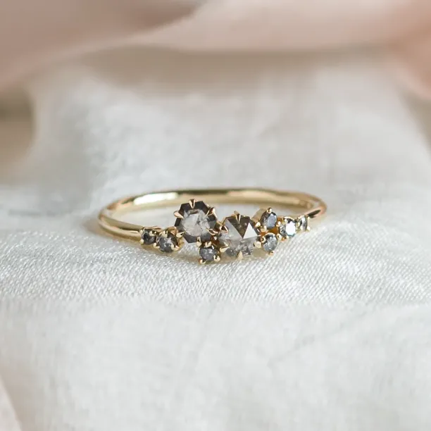 Gold cluster ring with hexagon salt'n'pepper diamonds CLARINA Image