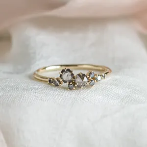 Gold cluster ring with hexagon salt'n'pepper diamonds CLARINA Thumbnail