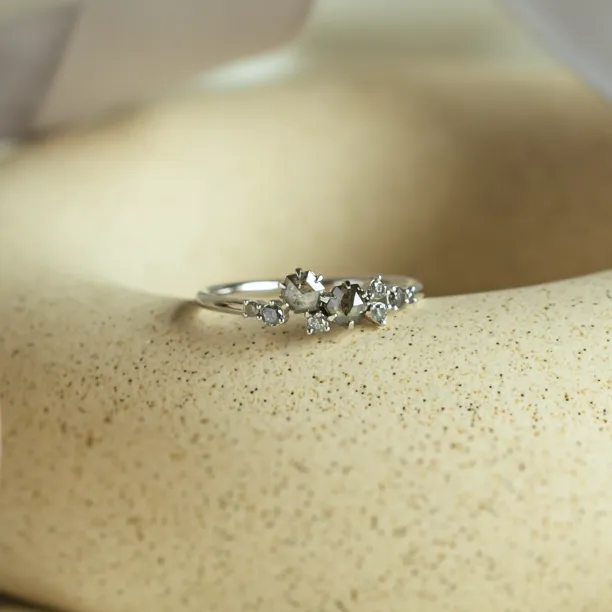 Gold cluster ring with hexagon salt'n'pepper diamonds CLARINA Image