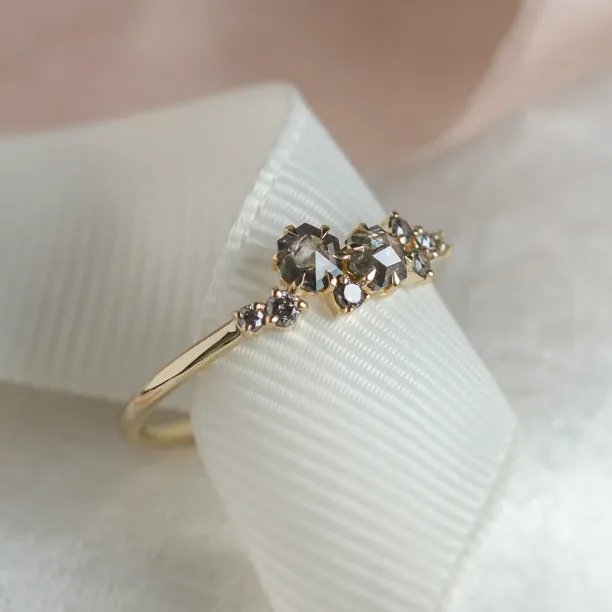 Gold cluster ring with hexagon salt'n'pepper diamonds CLARINA Image