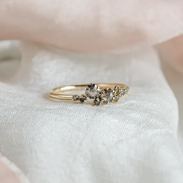 Gold cluster ring with hexagon salt'n'pepper diamonds CLARINA Image