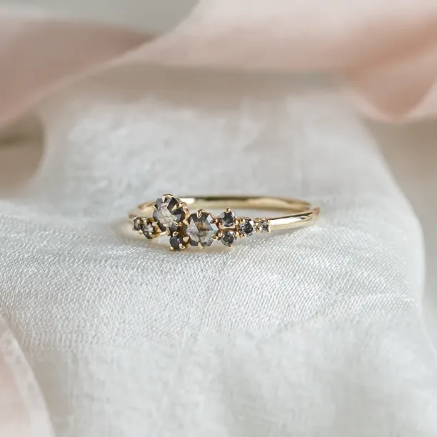 Gold cluster ring with hexagon salt'n'pepper diamonds CLARINA Image