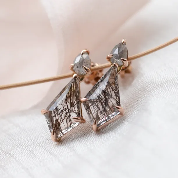 Gold rutilated quartz earrings with salt'n'pepper diamonds FIRENZE Image