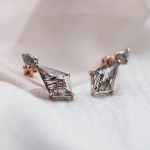 Gold rutilated quartz earrings with salt'n'pepper diamonds FIRENZE Thumbnail