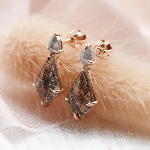 Gold rutilated quartz earrings with salt'n'pepper diamonds FIRENZE Image