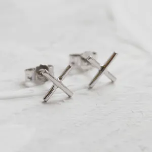 Gold minimalist stud earrings CROSS Thumbnail