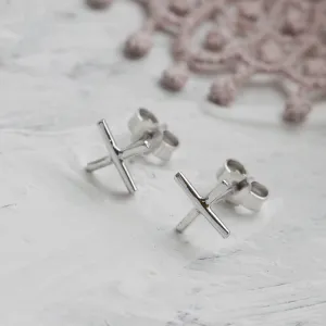 Gold minimalist stud earrings CROSS Thumbnail