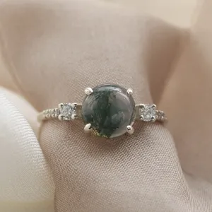 Gold ring with cabochon moss agate and diamonds FIONNUALA Thumbnail