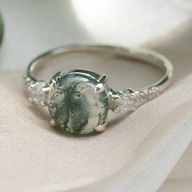 Gold ring with cabochon moss agate and diamonds FIONNUALA Image