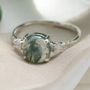 Gold ring with cabochon moss agate and diamonds FIONNUALA Thumbnail