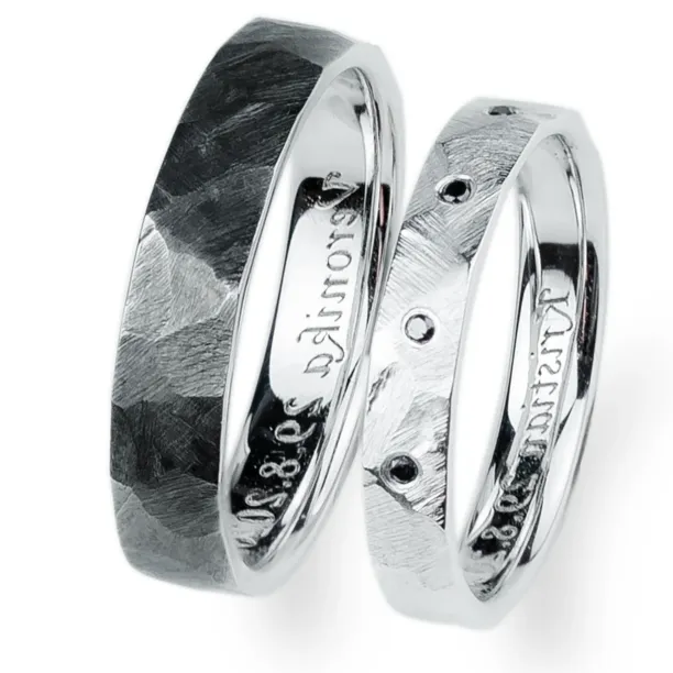 Hammered Gold Wedding Rings with black diamonds BARCA  Image