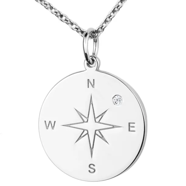 Silver pendant with a compass and a diamond MAP Image